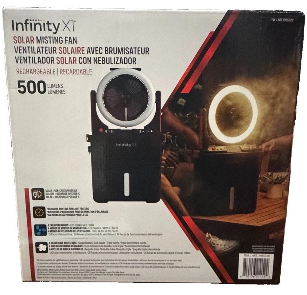 Infinity X1 Solar/USB Rechargeable Misting Fan 500 Lumens 7L Reservoir Black